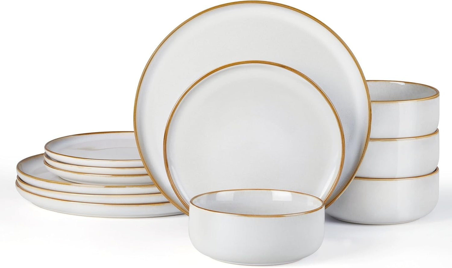 Conjunto de Pratos e Bowls para 4, Aparelho de Jantar em Grés de 12 Peças, Conjunto de Louças de Cerâmica com Esmalte Reativo, Micro-ondas e Lava-louças