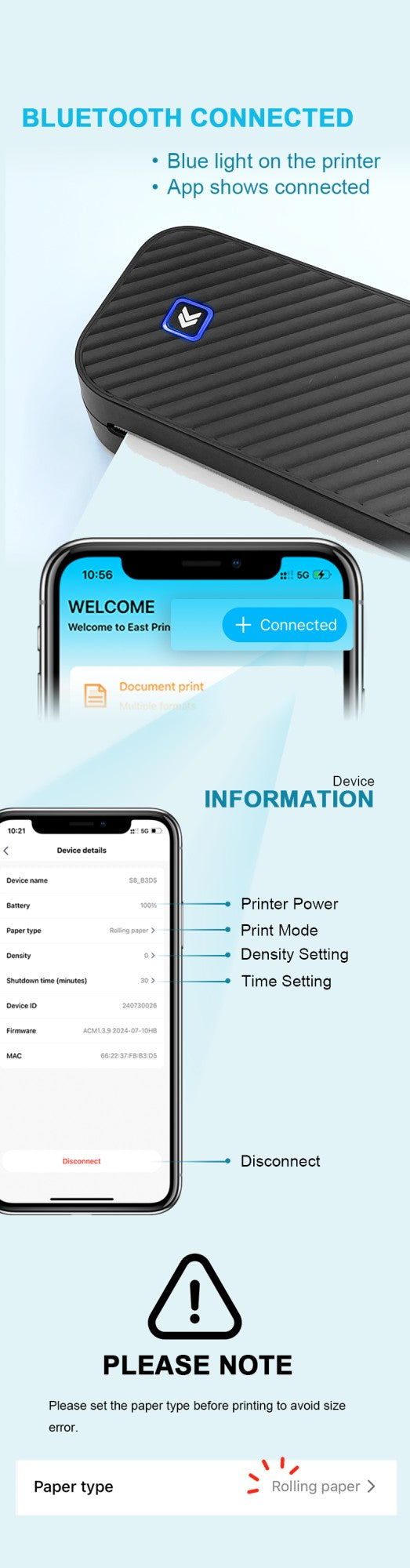 Impressora Térmica Portátil Sem Tinta A4 Bluetooth PDF Excel Word para Impressão de Documentos com Rolo de Papel para Trabalho de Escritório Casa Escola