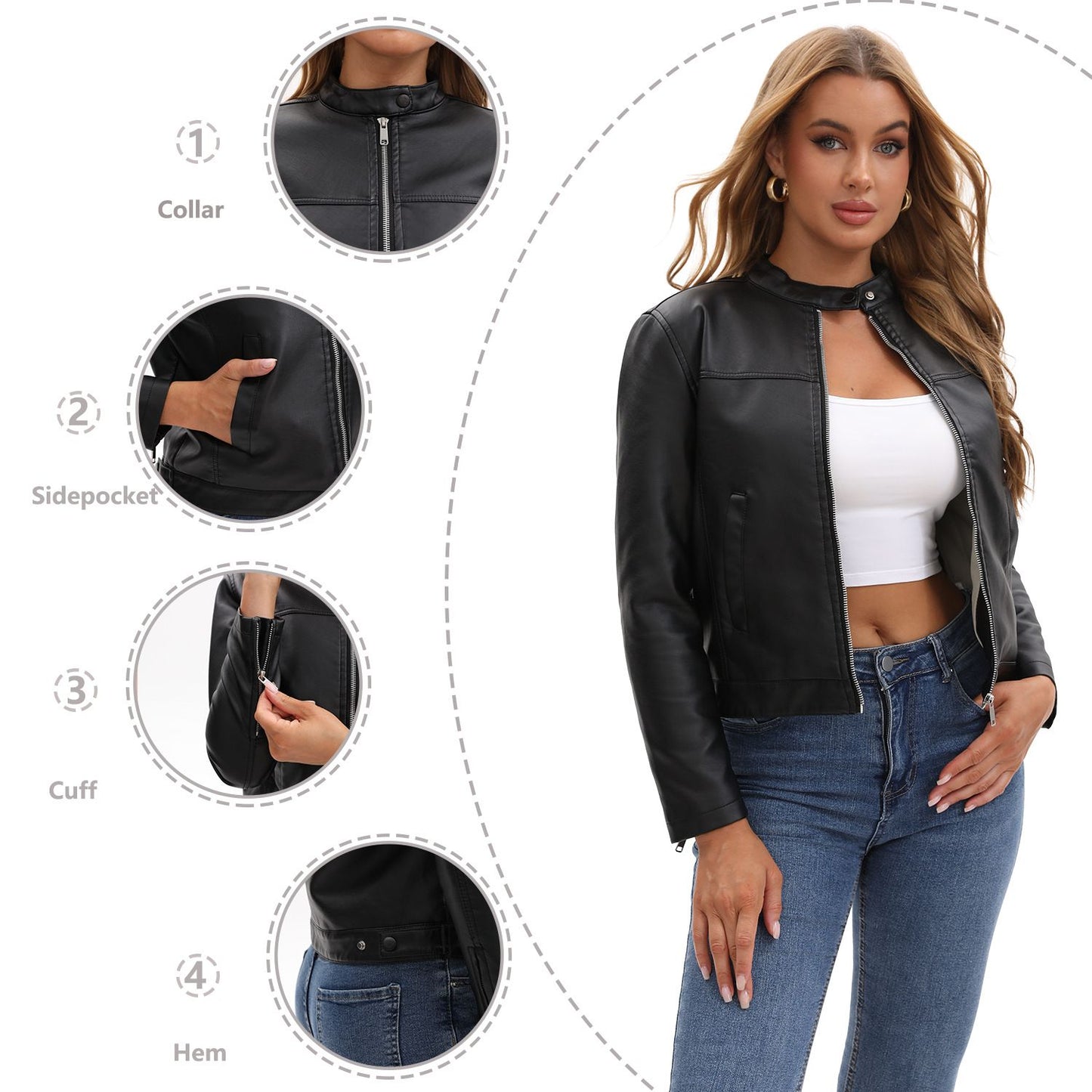 Black Women's Fitted Leather Jacket with Front Zipper & Side Pockets?, Available in Brown, Navy Blue, and Beige.