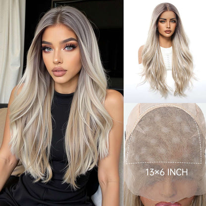 HENRY MARGU Peruca Sintética Lace Front 13x6 Peruca Longa Castanho Cinza Cabelo Ondulado Natural para Uso Diário Peruca de Fibra de Alta Temperatura