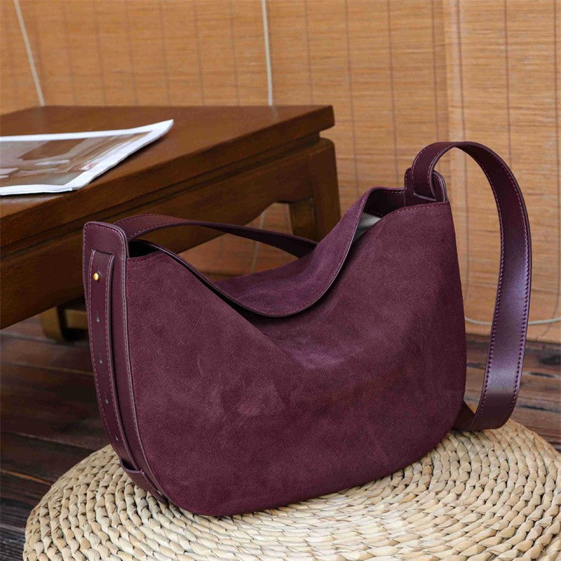 Burminsa Suede Genuine Leather Hobo Shoulder Bags For Women 2025 Luxury Designer Crescent Crossbody Purses Work Ladies Handbags