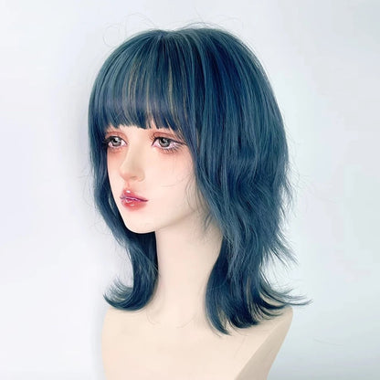 Peruca Curta Sintética Ondulada Azul Mullet Head com Franja, Resistente ao Calor, Fofa, Estilo Lolita, para Cosplay, Festas e Uso Diário