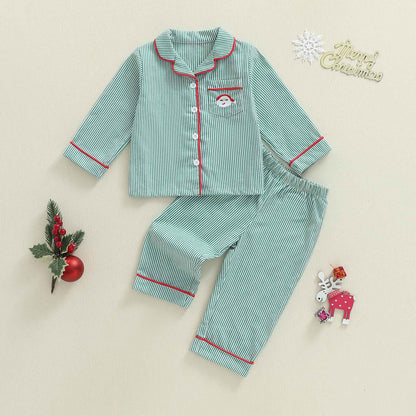 Toddler Baby Christmas Striped Pajamas Sets Santa Embroidery Long Sleeve Tops with Pants 2Pcs Sleepwear
