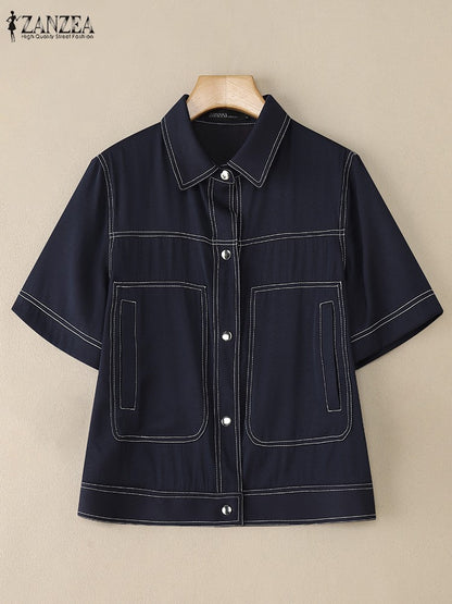 ZANZEA Women's Denim-Like Contrast-Stitch Shirts 2025 Fashion Turn-Down Collar Short Sleeve Button Up Shirt Streetwear Woman Top