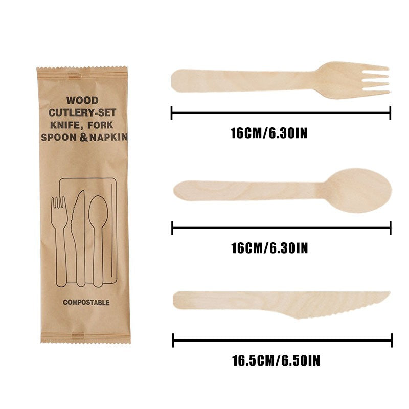 Kit de Talheres Descartáveis de Madeira (Garfo Faca Colher e Guardanapo de Papel) Louça de Madeira Biodegradável Portátil para Festas Acampamento Refeições