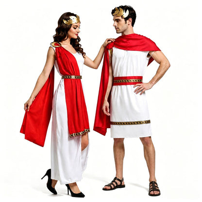 Roman Greek Costume Adult Men Women Couple Toga White Tunic Red Cape Gold Laurel Wreath Halloween Carnival Cosplay Outfit Set
