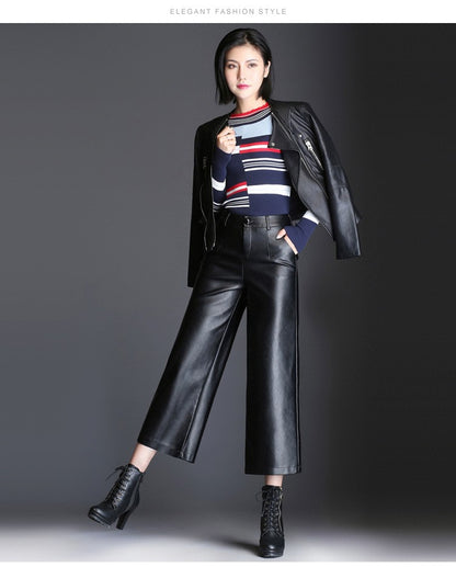 Pu wide leg pants capri women 2022 winter autumn high waist straight leather pants female trousers clothe pantalon femme