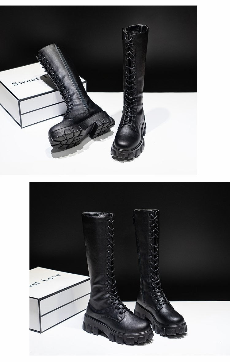 LazySeal Winter Long Boot Shoes Women White Lace Up Zip Height Increasing Pu Leather Shoes Plush Botas Mujer Big Size 43