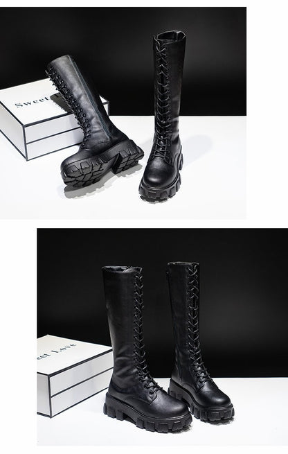 LazySeal Winter Long Boot Shoes Women White Lace Up Zip Height Increasing Pu Leather Shoes Plush Botas Mujer Big Size 43