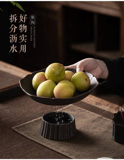 Qingxi Purple Pottery Tea Pastry Plate Handmade High Foot Dried Fruit Snack Large Integrated Drain Dessert Candy Dish Gift