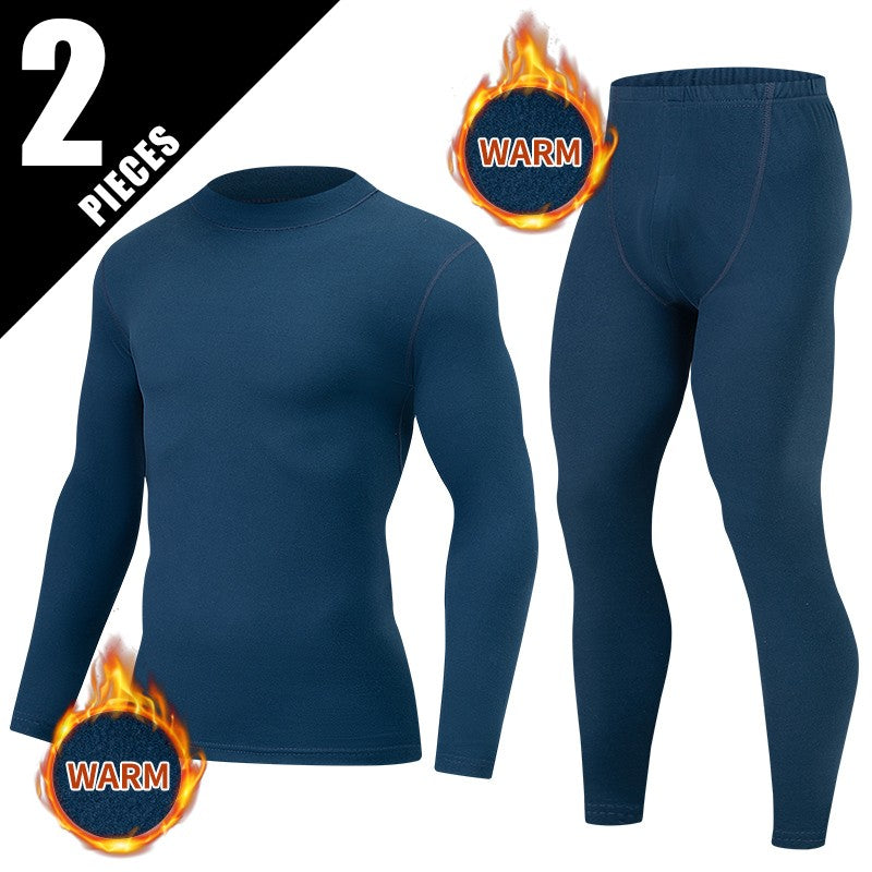 2-piece Autumn/Winter Men's Classic Fashion Basic Warm Underwear Set Loose Large Half High Collar Top T-shirt Elastic Waist Pant