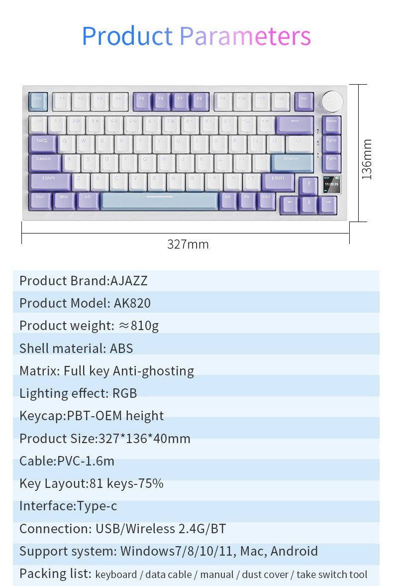 Teclado Mecânico AJAZZ AK820 Pro Layout Compacto 70%/Iluminação RGB/Switches Hot-swappable, com Fio, Sem Fio e Bluetooth