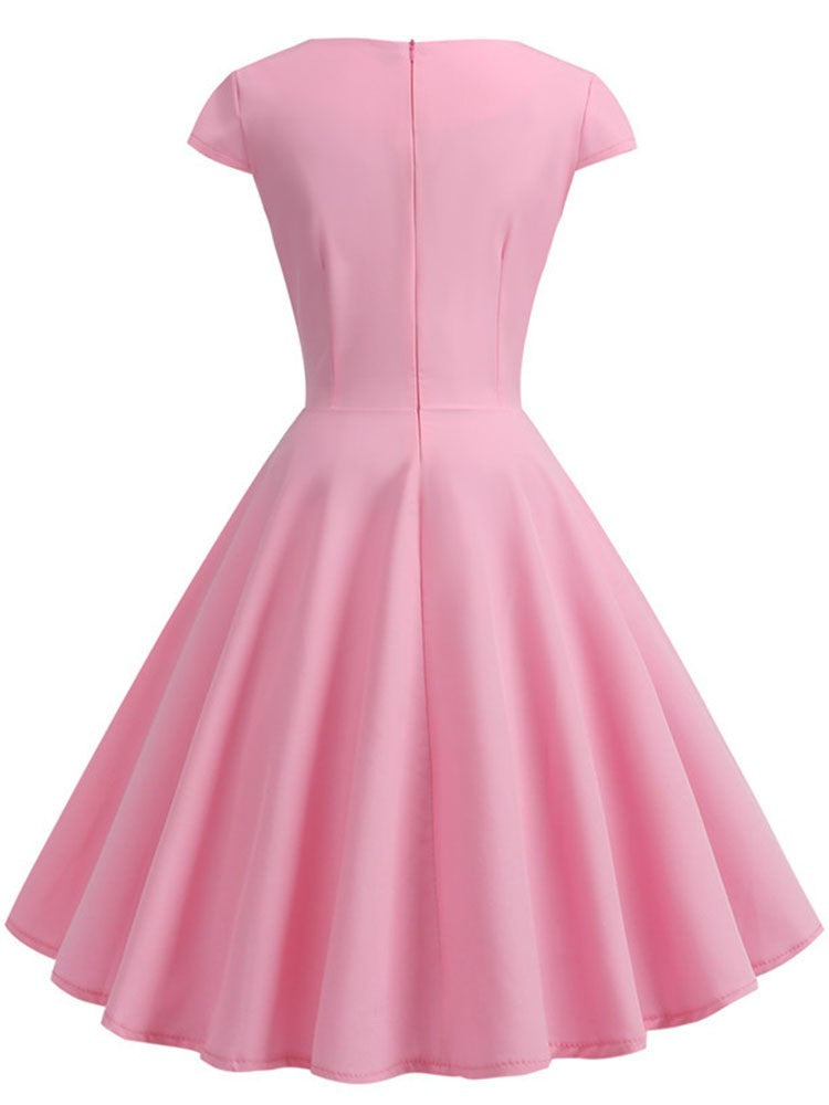 Pink Summer Dress Women V Neck Vintage Robe Elegant Retro pin up Party Office Mi