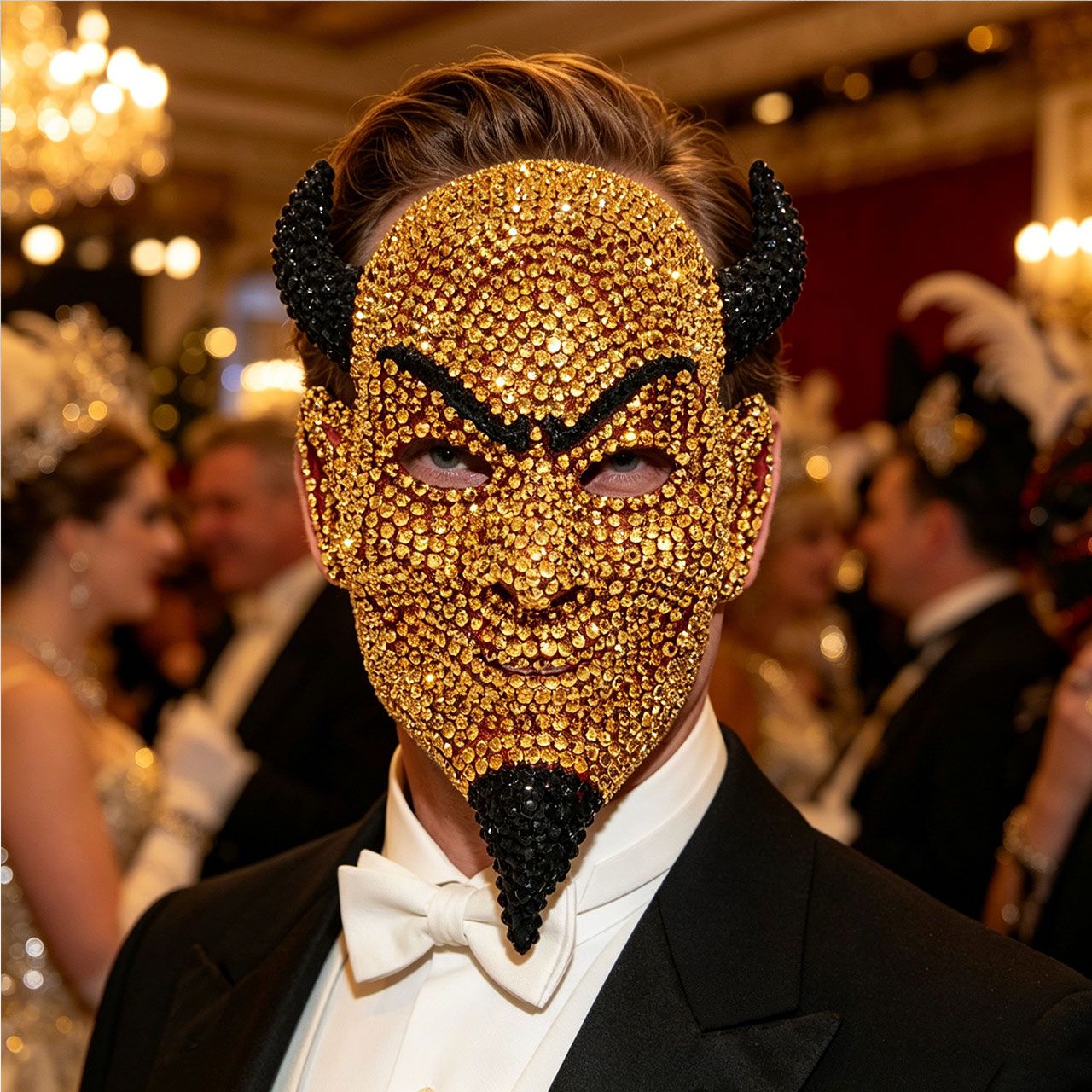 Horned Devil Rhinestone Mask, Crystal Full Face Demon Mask for Halloween Costume, Masquerade, and Festival Parties