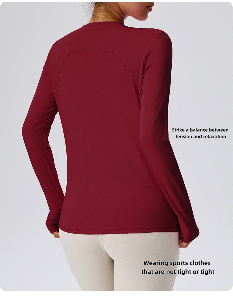 Naked Spring and Autumn Round Neck Fitness Yoga Clothing, Slimming and Slimming Base, Sports Top, Pilates Long Sleeve, Female