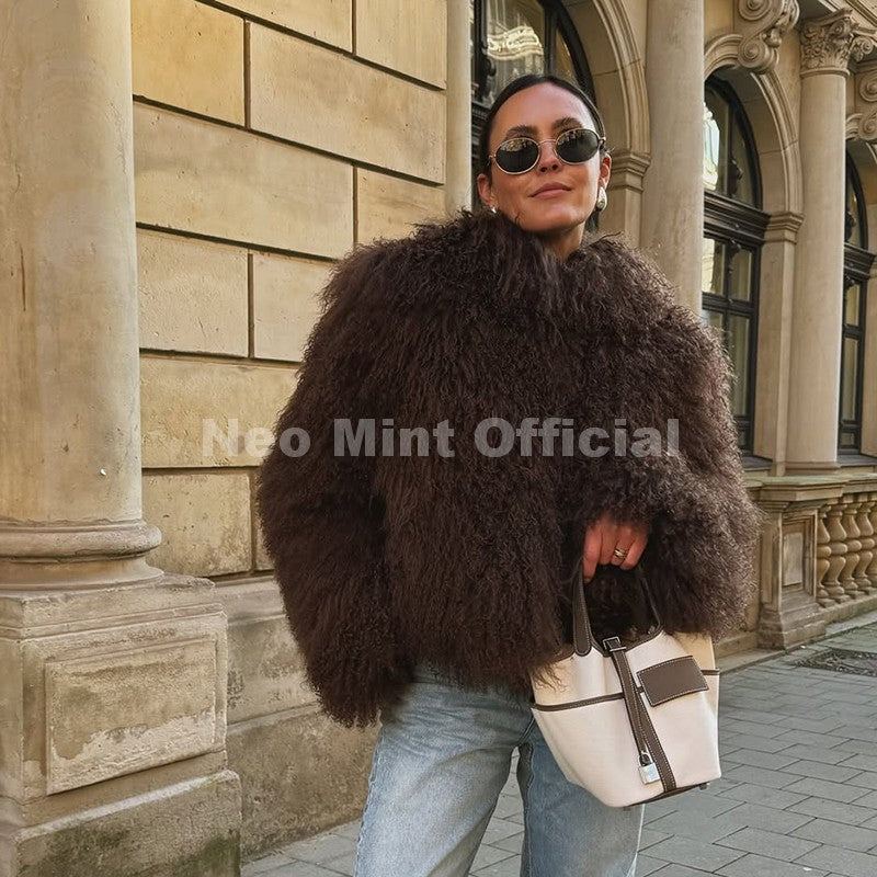 Neo Mint Iconic Blogger Fashion Faux Mongolia Sheep Fur Coat Women 2025 Winter Fluffy Warm Fur Jacket Chic Street Girl Outerwear
