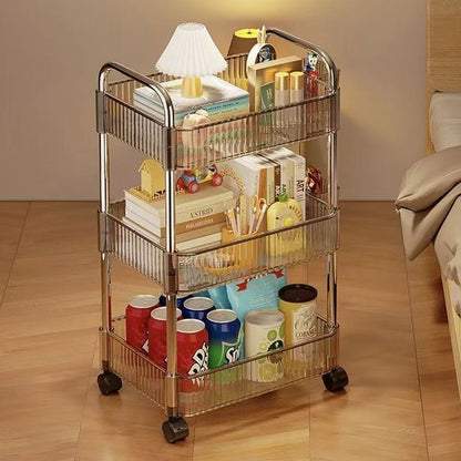 Prateleira de armazenamento móvel para banheiro para lanches, brinquedos e cosméticos multi-camadas, carrinho pequeno transparente