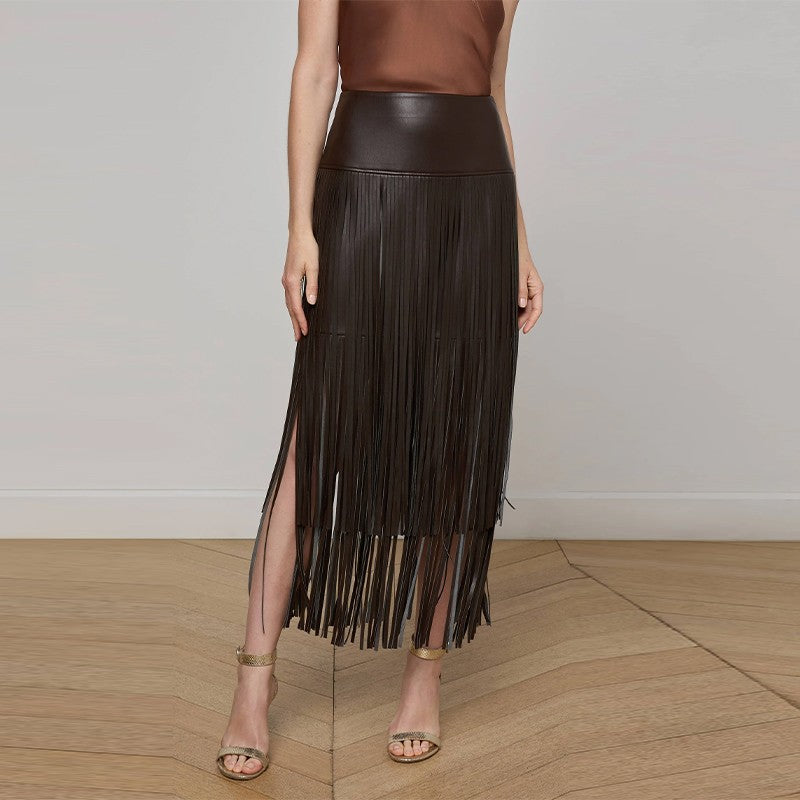Tassel Leather Midi Skirt Women Solid High Street High-waist A-line Bodycon Long Skirts Spring Summer 2026 Chic All-match Outfit