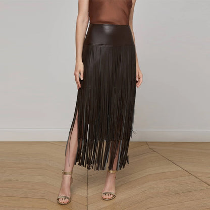 Tassel Leather Midi Skirt Women Solid High Street High-waist A-line Bodycon Long Skirts Spring Summer 2026 Chic All-match Outfit
