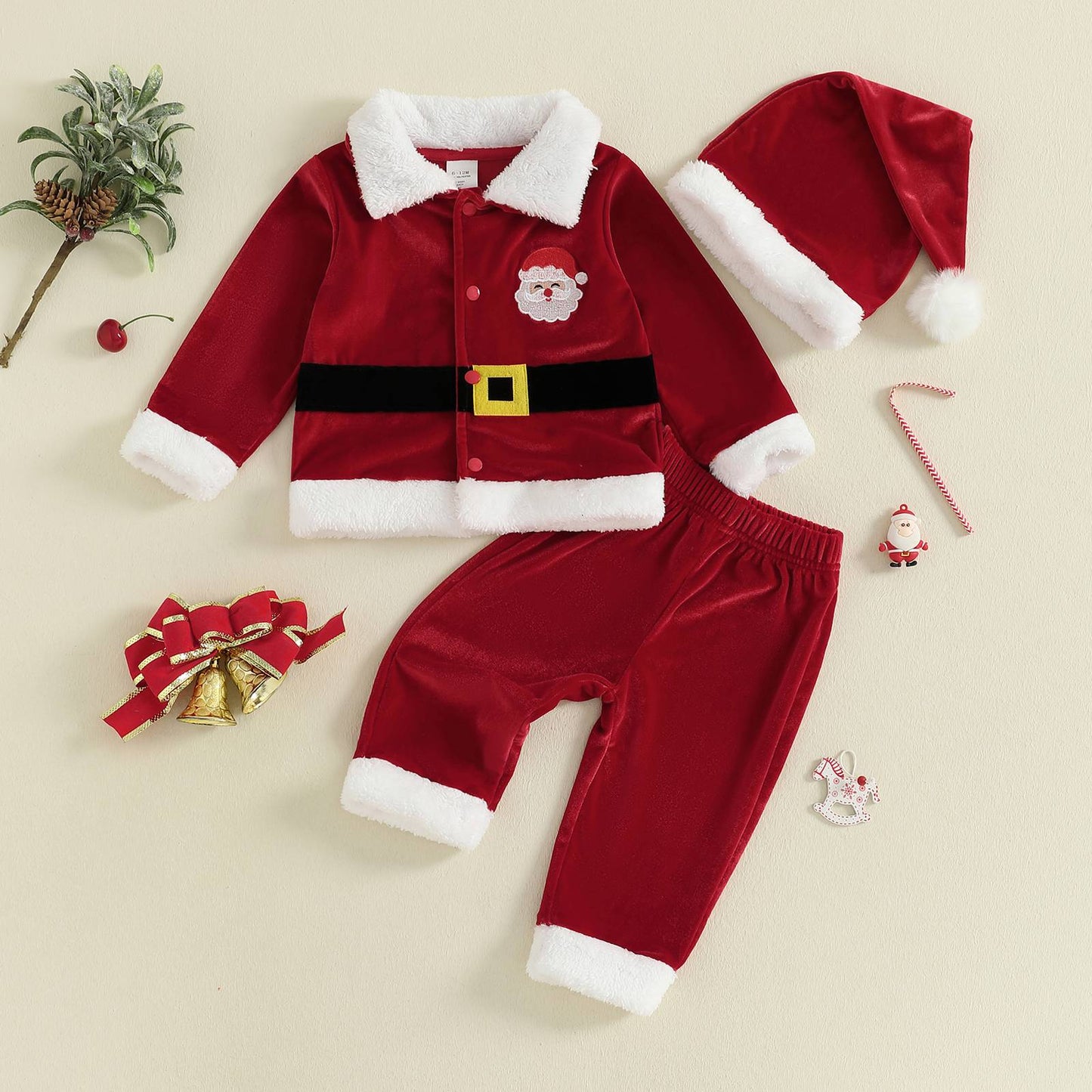 Christmas Infant Baby Girl Boy Velvet Clothes Toddler Long Sleeve Lapel Button Down Tops Elastic Waist Pants Santa Costume Set