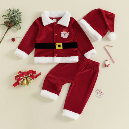Christmas Infant Baby Girl Boy Velvet Clothes Toddler Long Sleeve Lapel Button Down Tops Elastic Waist Pants Santa Costume Set