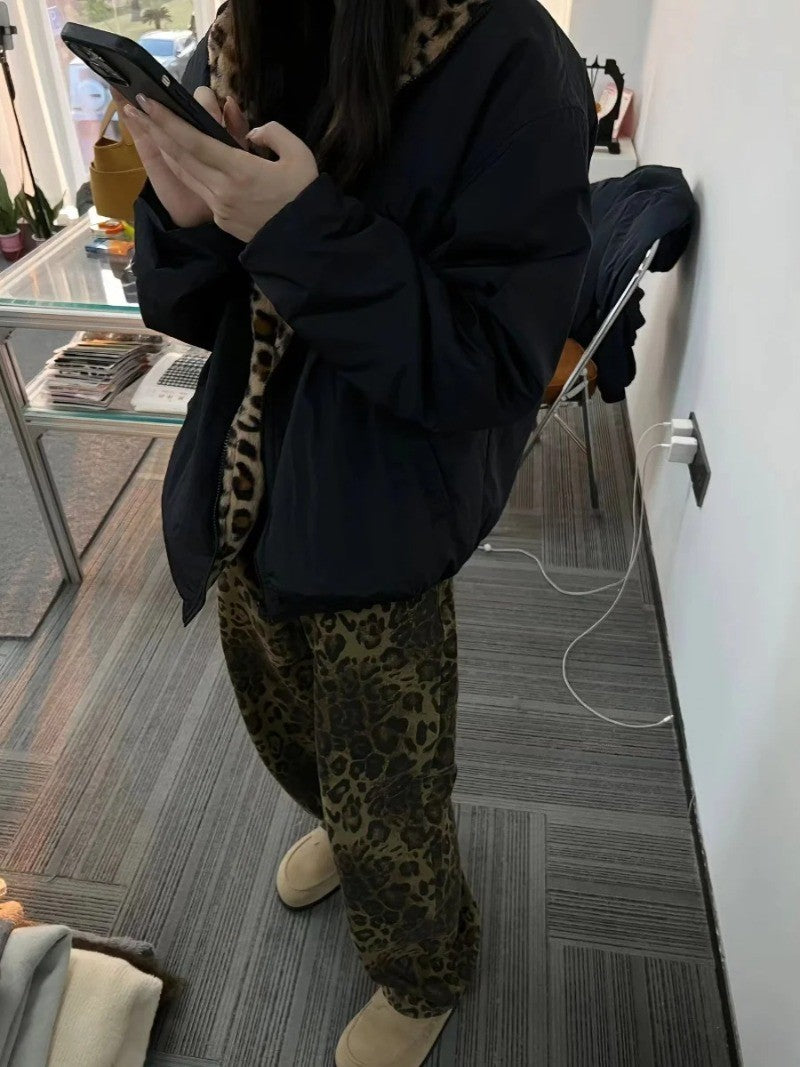 American Retro Harajuku Leopard Print Reversible Zipper Jacket Women Streetwear Trendy Casual Autumn and Winter Warm Plush Coat