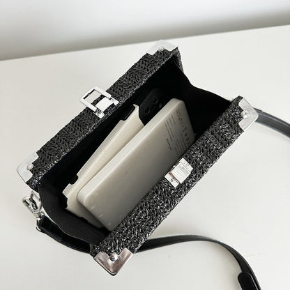 Couple's Sling Bag Straw Weaving with Corner Metal Decoration Boxy Shape Doctor Bag for Date Back to School Party Shoulder Bag