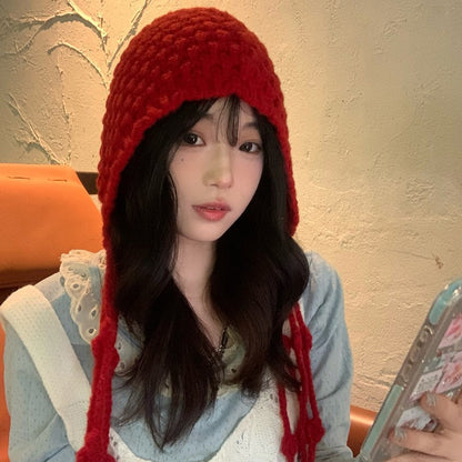 Autumn Winter Women's Hat Hand-knitted Woolen Tassel Cap Beanie Fashion Ear-protecting Cap Outdoor Warmth Headscarf Hat
