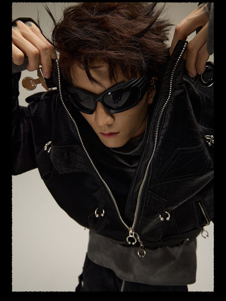 Mauroicardi Spring Autumn Cool Short Shiny Black Crocodile Print Pu Leather Jacket Men Luxury Designer Y2K Streetwear Clothes