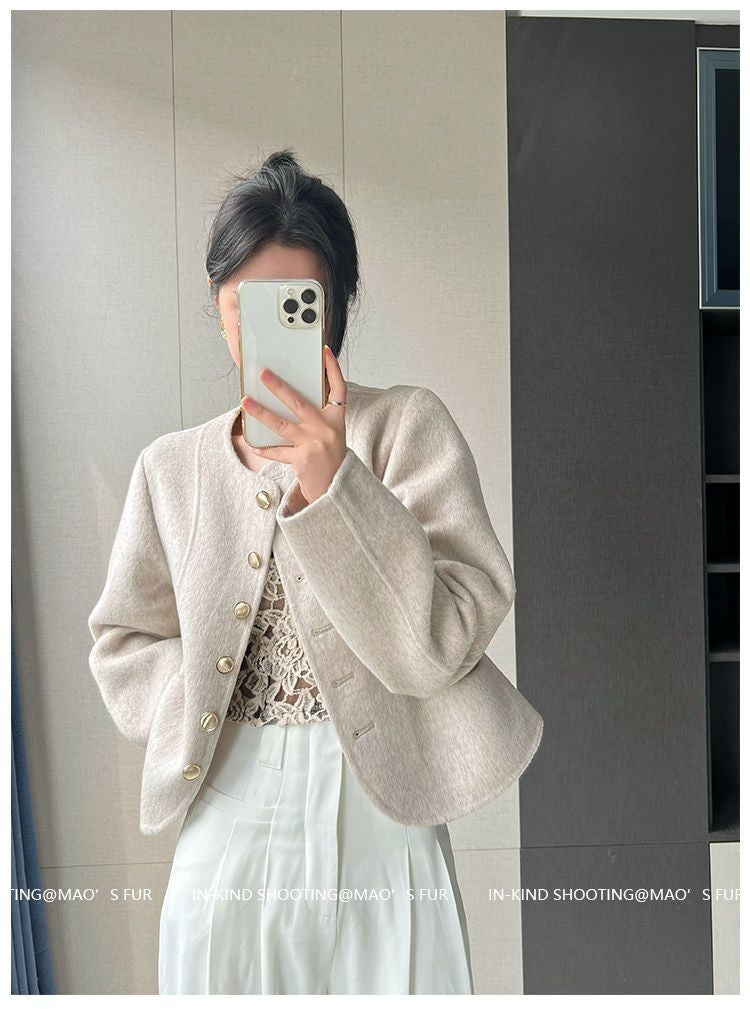 Women's New Round Neck Single-breasted Double-sided Tweed Coat Fashionable Casual and Versatile Elegant Top