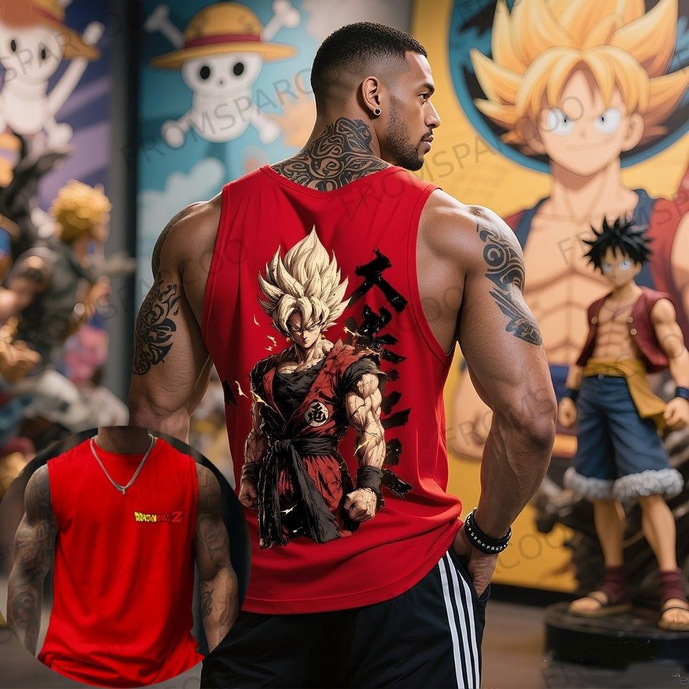 Camiseta Regata de Algodão Puro Estampada Dragon Ball Goku Anime Masculina e Feminina Estilo Esportivo Solto de Verão Americano
