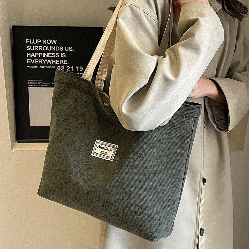 Stylish Corduroy Tote Bag for Women Bohemian Ethnic Style Shoulder Bag for Daily Commuting Shopper Office Worker College Student