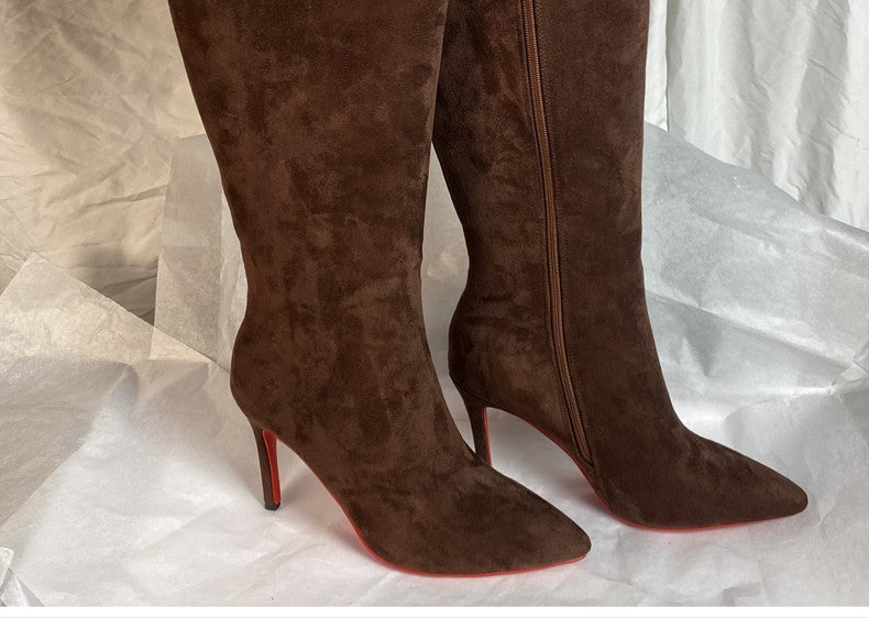 Ods Luxury Designer Sexy Pointed Toe Pole Knee High Brown Black Leather Red Sole Botas Mujer Boots For Women 8 10cm Big 41434546