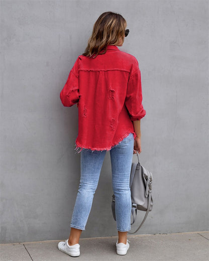 2025 Holes Raw-edges Denim Jacket Women Spring Autumn Shirt Style Jeancoat Casual Top Rose-Red Orange Purple Outerwear Lady Coat