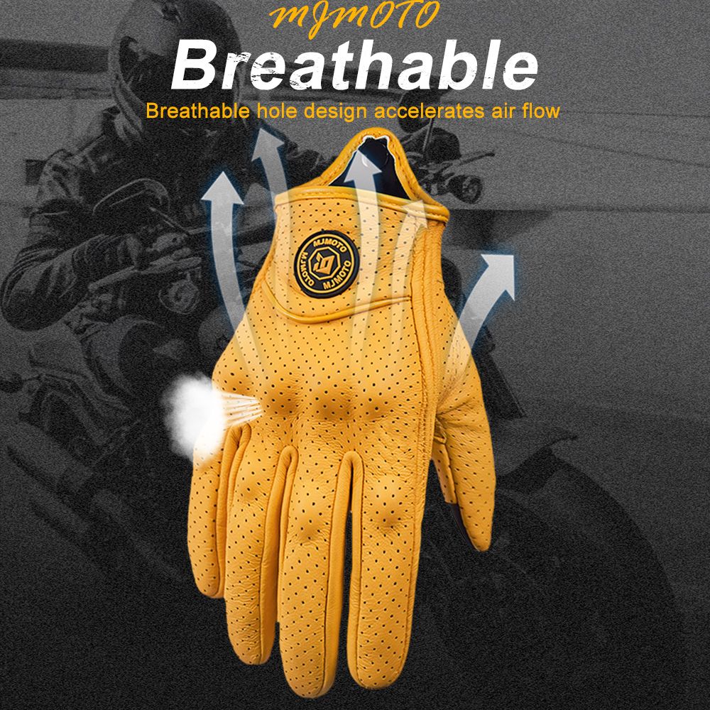 Luvas de Couro Amarelas Retrô para Motocicleta Masculinas Femininas Respiráveis Perfuradas Luvas de Corrida de Moto com Tela Sensível ao Toque para Motocross Moto