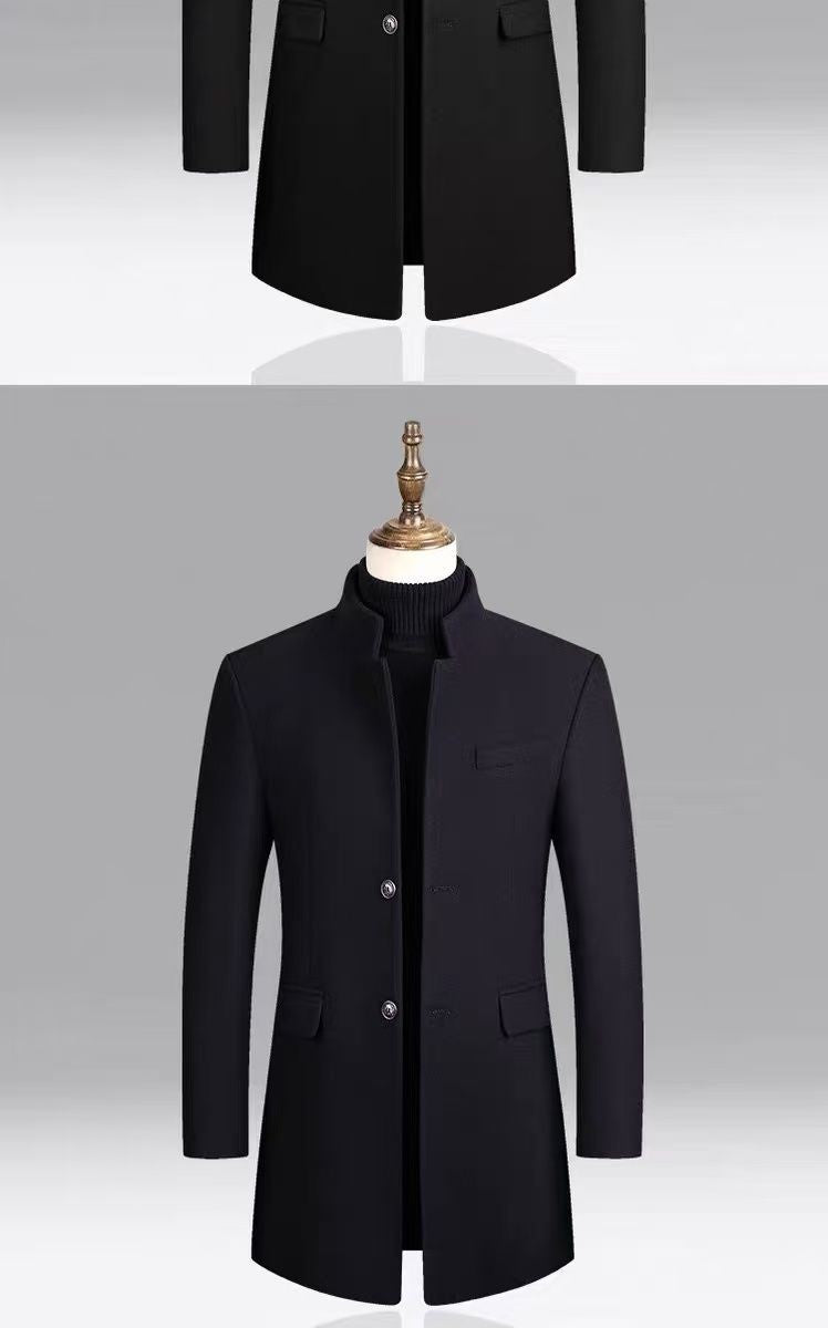 Autumn and winter men's woolen overcoat, mid-length trench coat with cotton and thick men's jacket, middle-aged overcoat