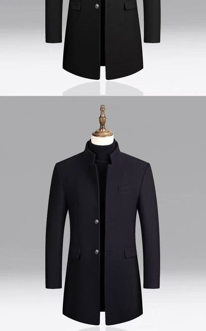 Autumn and winter men's woolen overcoat, mid-length trench coat with cotton and thick men's jacket, middle-aged overcoat