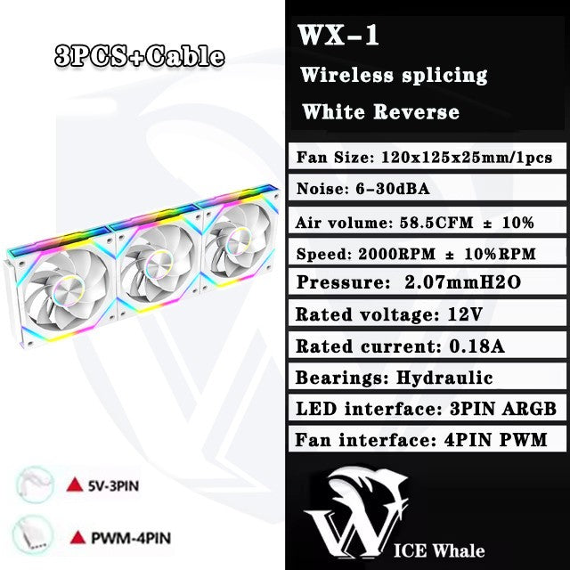 ICE Whale WX-1 Wireless Splicing PC Case Fan 120mm ARGB Mirror Cycle Effect 800-2000RPM 360mm Water-cooled Radiator Cooling Fan