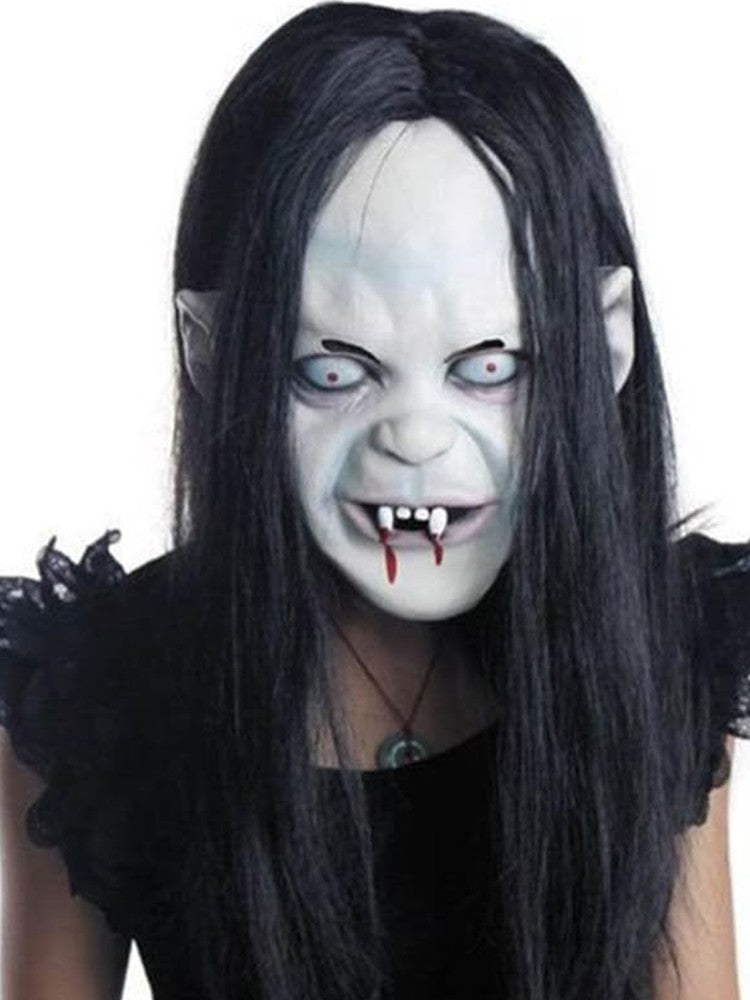 Scary Sadako Ghost Full Head Latex Mask Long Straight Black Hair Pale White Face Bloody Vampire Fangs Creepy Horror Female Spirit Mask For Halloween Carnival Cosplay Masquerade Haunted House Bar Party Prank Trick Photo Booth Costume Decoration Accessory