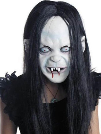 Scary Sadako Ghost Full Head Latex Mask Long Straight Black Hair Pale White Face Bloody Vampire Fangs Creepy Horror Female Spirit Mask For Halloween Carnival Cosplay Masquerade Haunted House Bar Party Prank Trick Photo Booth Costume Decoration Accessory