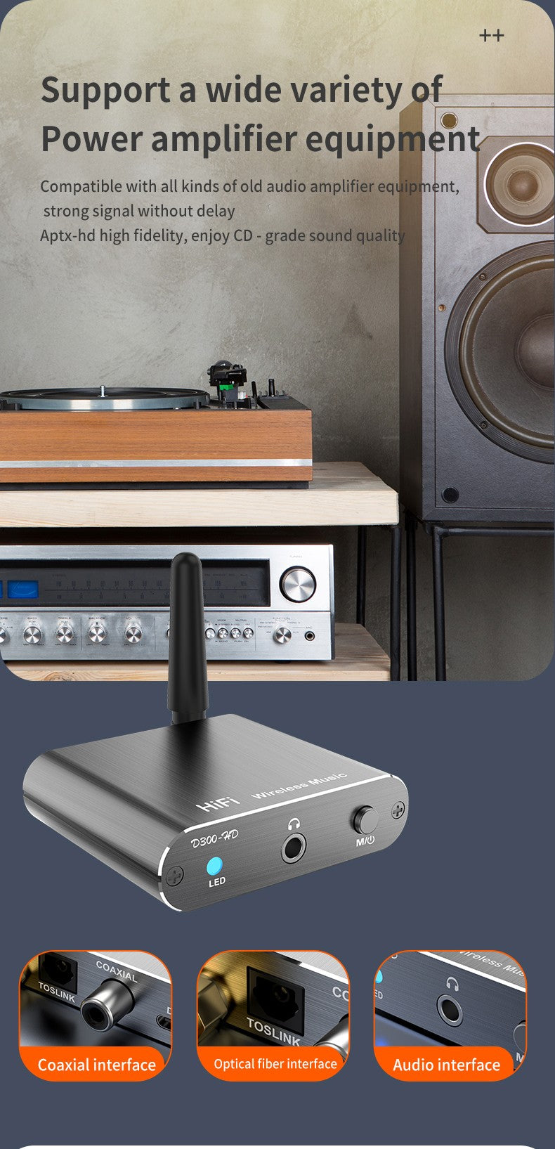 CSR Wireless Receiver APTX-HD BT 5.2 HiFi Stereo Audio Adapter Support Coaxial Optical Fiber aptX-LL For Headphone TV Amplifier