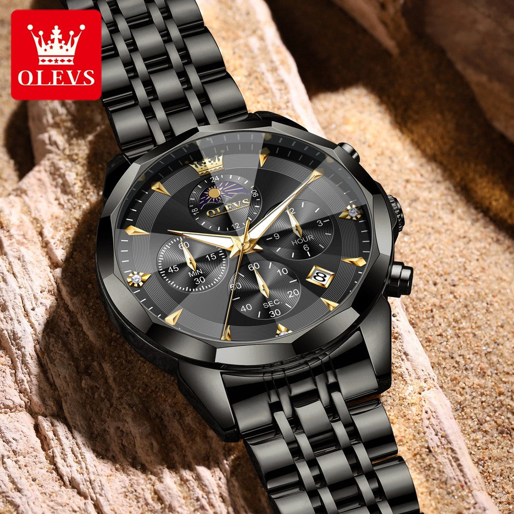 OLEVS Original Fashion Moon Phase Men's Watches Waterproof Chronograph Quartz Watch Stainless steel Calendar Brand Wristwatch