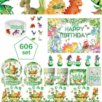 Happy Dinosaur Birthday Decoration Party Supplies Set Cup Plate Dinosaur Balloons Stickers Banner Gift Bags for Kids Boy Favors