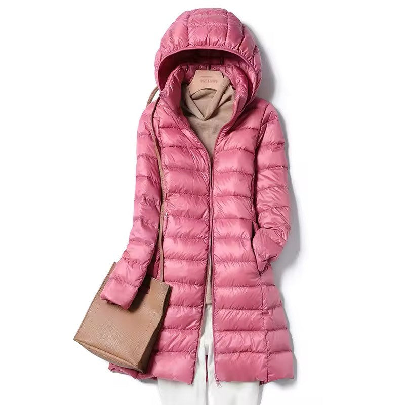 Women's X-long Office Lady Hat Detachable Puffer Jackets 2025 New Arrival Autumn Winter White Duck Down Warm Coat