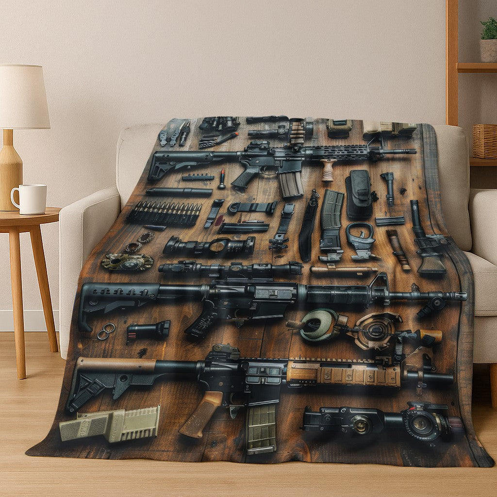 ?Tactical Rifle Print Flannel Blanket - Reversible Military-Inspired Design for Outdoor Enthusiasts Durable Warmth & Bold Style?