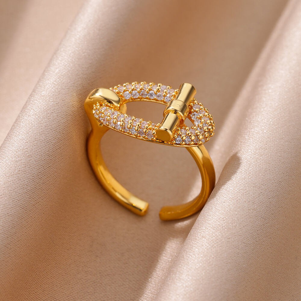 Anéis de Aço Inoxidável Banhados a Ouro com Cristal para Mulheres Corrente Geométrico Zircônia Anel de Dedo Joia Presente anillos mujer 2025 Novo e Moderno
