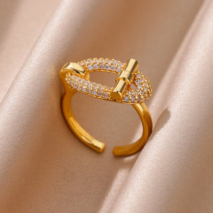 Anéis de Aço Inoxidável Banhados a Ouro com Cristal para Mulheres Corrente Geométrico Zircônia Anel de Dedo Joia Presente anillos mujer 2025 Novo e Moderno