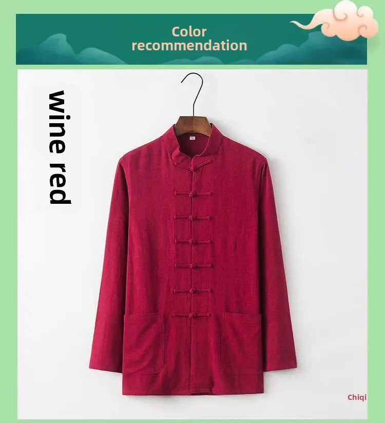 Spring Summer Long Sleeve Thin Men's Shirt Tang Suit Bamboo Cotton Linen Casual Vintage Chinese Style Kung Fu Tai Chi Tea Shirt