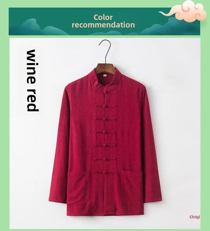 Spring Summer Long Sleeve Thin Men's Shirt Tang Suit Bamboo Cotton Linen Casual Vintage Chinese Style Kung Fu Tai Chi Tea Shirt