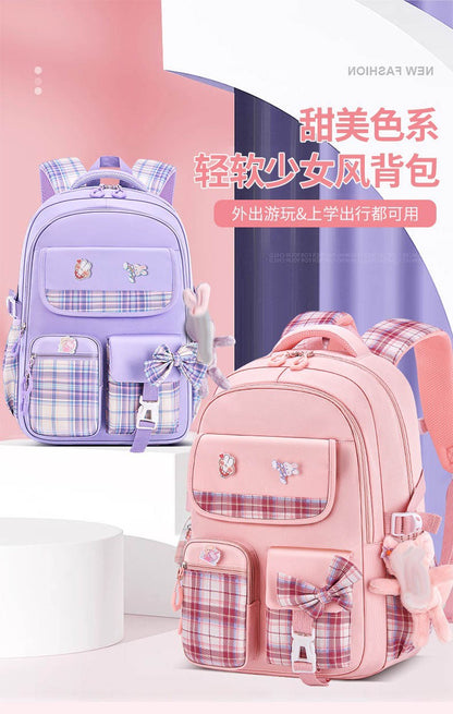Protecting The Spine Ergonomics Elementary School Students Girls Checkered Backpack Large Capacity Lightweight Waterproof